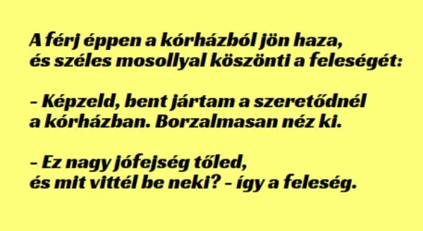 Vicc: A férj éppen a kórházból jön haza, és széles mosollyal köszönti a feleségét –  … kattints a folytatásért