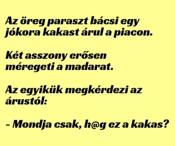 Vicc: Az öreg paraszt bácsi egy jókora kakast árul a piacon –  … kattints a folytatásért