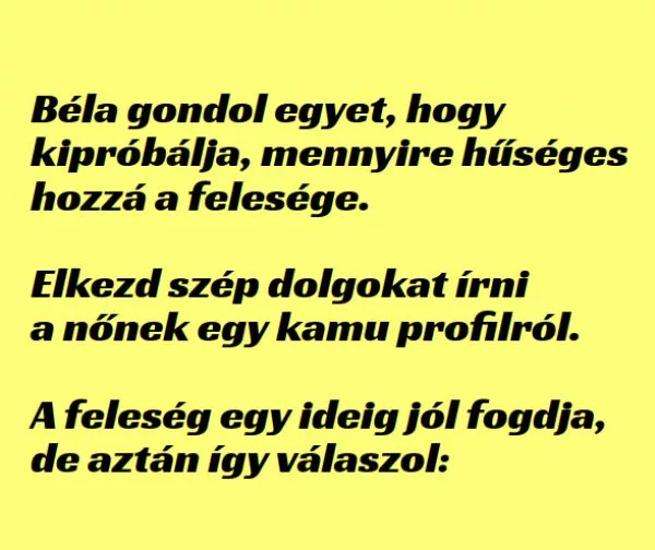 Vicc: Béla kipróbálja, mennyire hűséges hozzá a felesége. –  … kattints a folytatásért