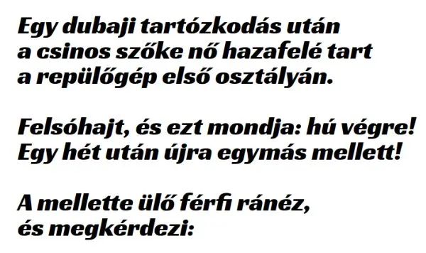 Vicc: Egy dubaji tartózkodás után a csinos szőke nő hazafelé tart a repülőgép első osztályán. Felsóhajt, és ezt mondja –  … kattints a folytatásért