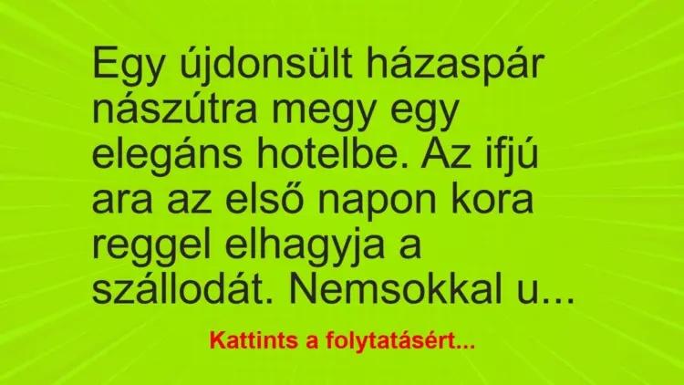 Vicc: Egy újdonsült házaspár nászútra megy egy elegáns hotelbe. Az ifjú ara az első…