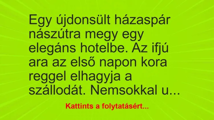 Vicc: Egy újdonsült házaspár nászútra megy egy elegáns hotelbe. Az ifjú ara az első…