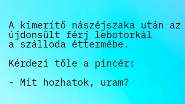 A kimerítő nászéjszaka után az újdonsült férj lebotorkál a szálloda éttermébe. – …