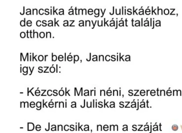 Vicc: Jancsika átmegy Juliskáékhoz, de csak az anyukáját találja otthon – …