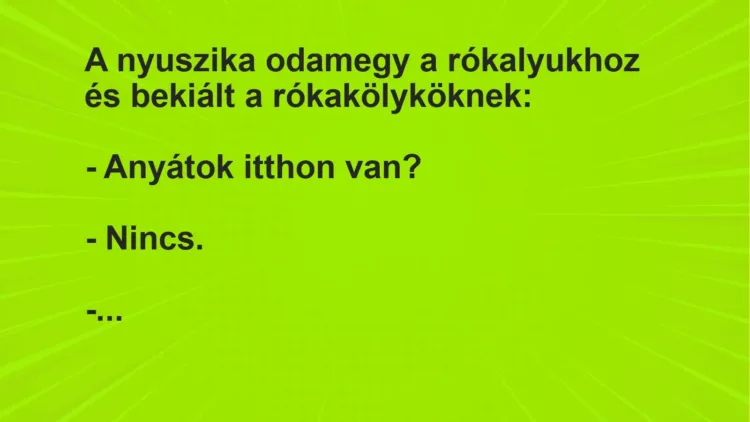 Vicc: A nyuszika odamegy a rókalyukhoz és bekiált a rókakölyköknek:

– Anyátok…