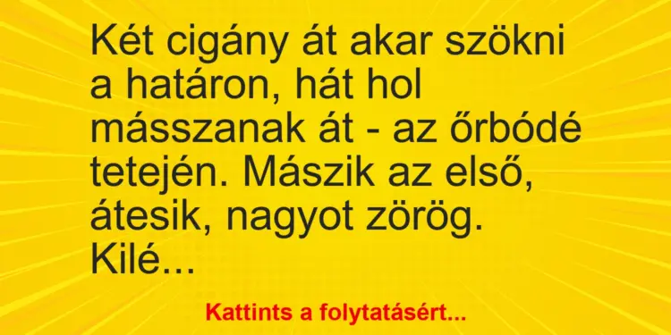 Vicc: Két cigány át akar szökni a határon, hát hol másszanak át – az őrbódé tetején….