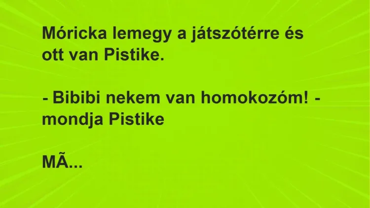 Vicc: Móricka lemegy a játszótérre és ott van Pistike.

– Bibibi nekem van…