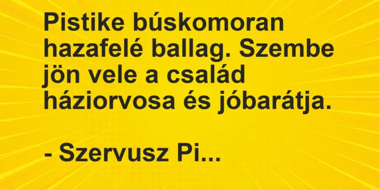 Vicc: Pistike búskomoran hazafelé ballag. Szembe jön vele a család háziorvosa és…