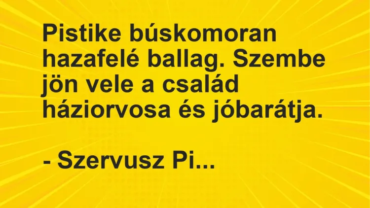 Vicc: Pistike búskomoran hazafelé ballag. Szembe jön vele a család háziorvosa és…