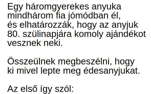 Vicc: Egy háromgyerekes anyuka három fia elhatározza, hogy az anyjuk 80. szülinapjára komoly ajándékot vesznek neki…