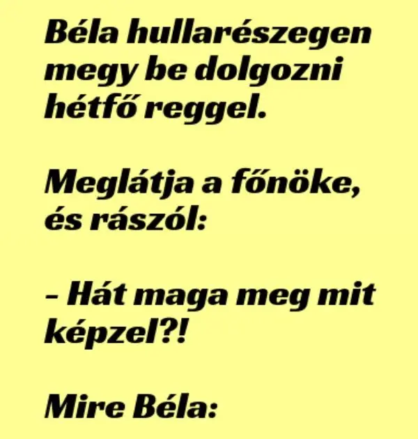 Vicc: Béla hullarészegen megy be dolgozni hétfő reggel. Meglátja a főnöke…