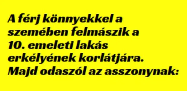 Vicc: A férj könnyekkel a  szemében felmászik a 10. emeleti lakás erkélyének korlátjára….