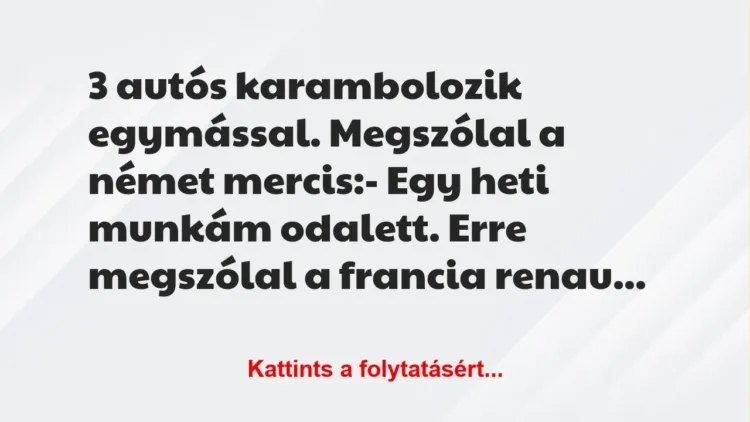 Vicc: 3 autós karambolozik egymással. Megszólal a német mercis:

– Egy…