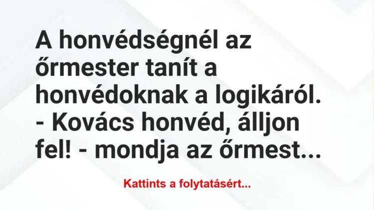 Vicc: A honvédségnél az őrmester tanít a honvédoknak a logikáról.

– Kovács…