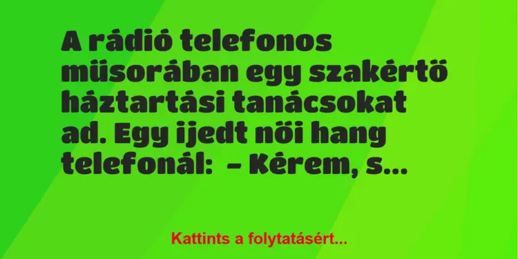 Vicc: A rádió telefonos műsorában egy szakértő háztartási tanácsokat ad. Egy…