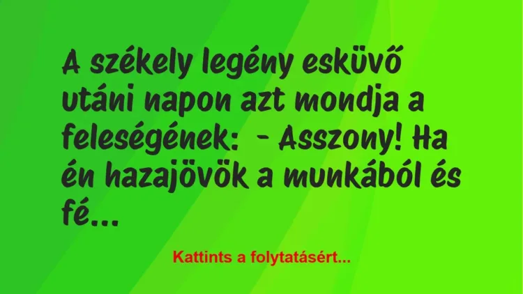 Vicc: A székely legény esküvő utáni napon azt mondja a feleségének:

– A…