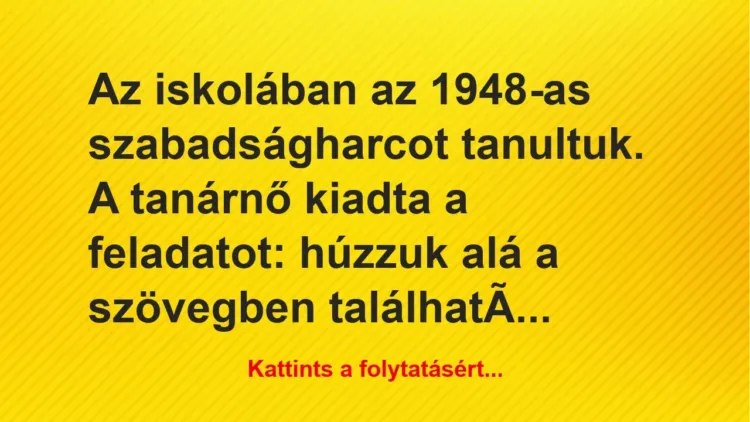 Vicc: Az iskolában az 1948-as szabadságharcot tanultuk. A tanárnő kiadta a…