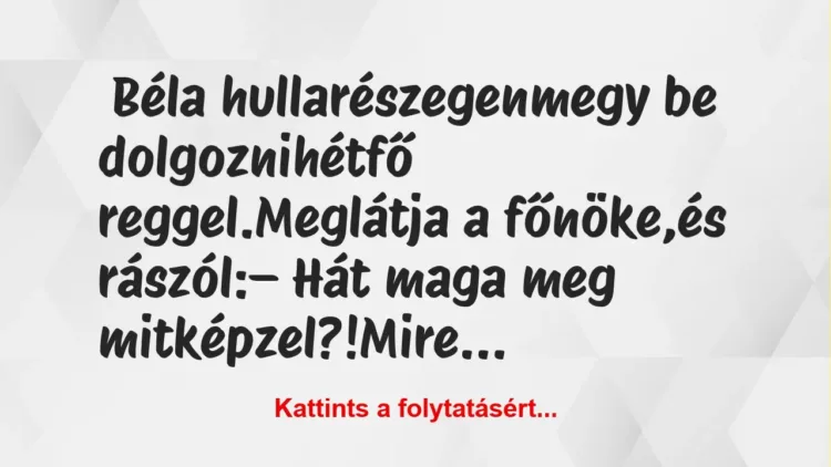 Vicc: Béla hullarészegen megy be dolgozni hétfő reggel. Meglátja a…