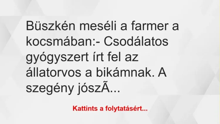 Vicc: Büszkén meséli a farmer a kocsmában:

– Csodálatos gyógyszert írt…