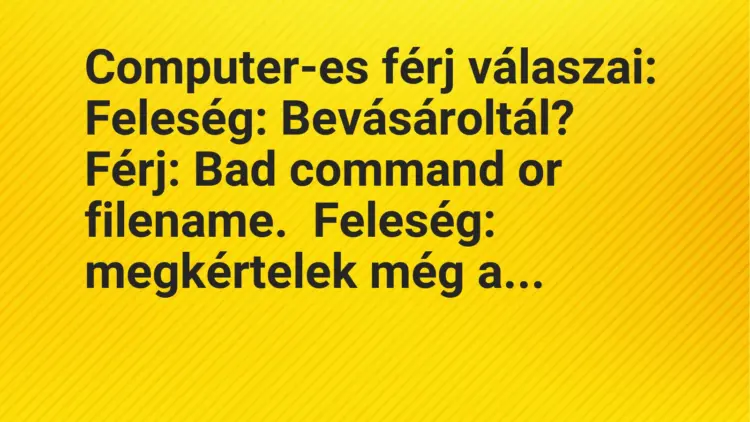 Vicc: Computer-es férj válaszai:Feleség: Bevásároltál?Férj: Bad command or…