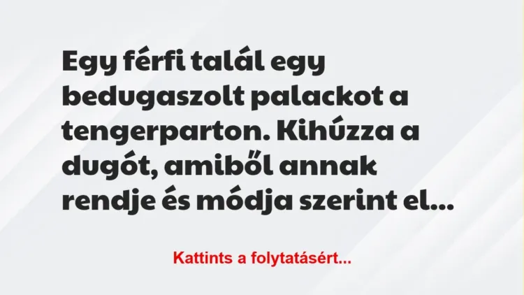 Vicc: Egy férfi talál egy bedugaszolt palackot a tengerparton. Kihúzza a dugót, amiből…