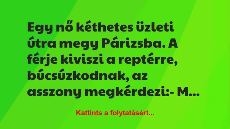 Vicc: Egy nő kéthetes üzleti útra megy Párizsba. A férje kiviszi a reptérre,…