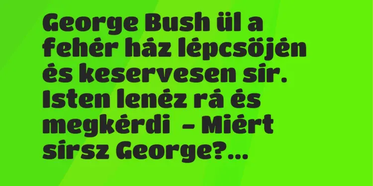 Vicc: George Bush ül a fehér ház lépcsőjén és keservesen sír.Isten lenéz rá és…