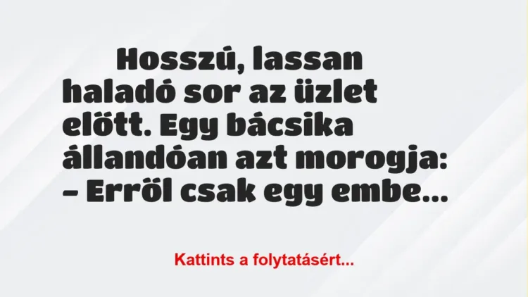 Vicc: 
	    	    Hosszú, lassan haladó sor az üzlet előtt. Egy bácsika állandóan azt…