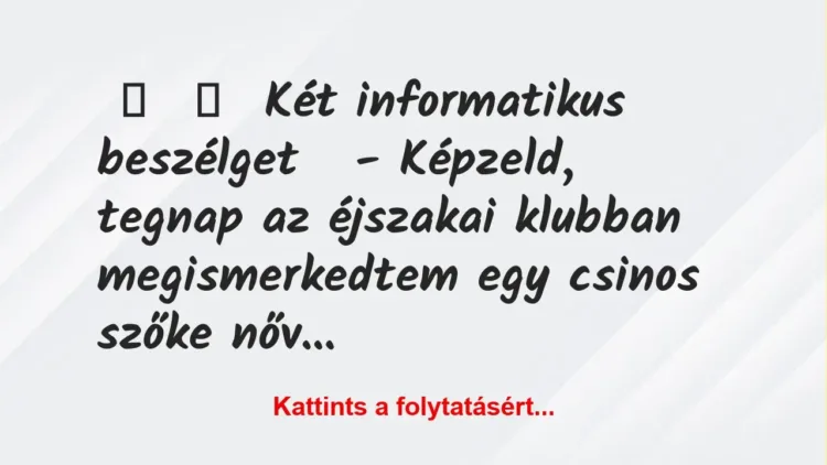 Vicc: 
	    	    Két informatikus beszélget


– Képzeld, tegnap az éjszakai…