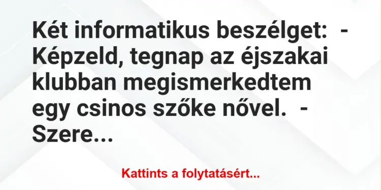 Vicc: Két informatikus beszélget:– Képzeld, tegnap az éjszakai klubban…