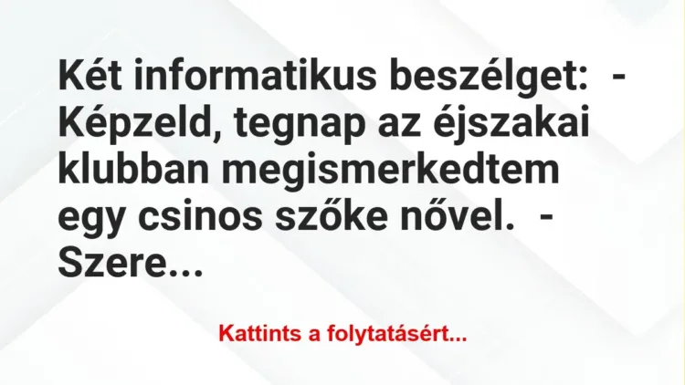 Vicc: Két informatikus beszélget:

– Képzeld, tegnap az éjszakai klubban…