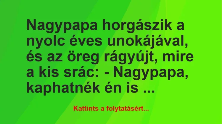 Vicc: Nagypapa horgászik a nyolc éves unokájával, és az öreg rágyújt, mire a kis srác:…