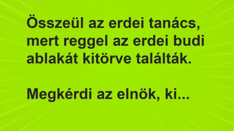 Vicc: Összeül az erdei tanács, mert reggel az erdei budi ablakát kitörve…