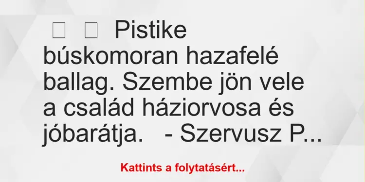 Vicc:
Pistike búskomoran hazafelé ballag. Szembe jön vele a…