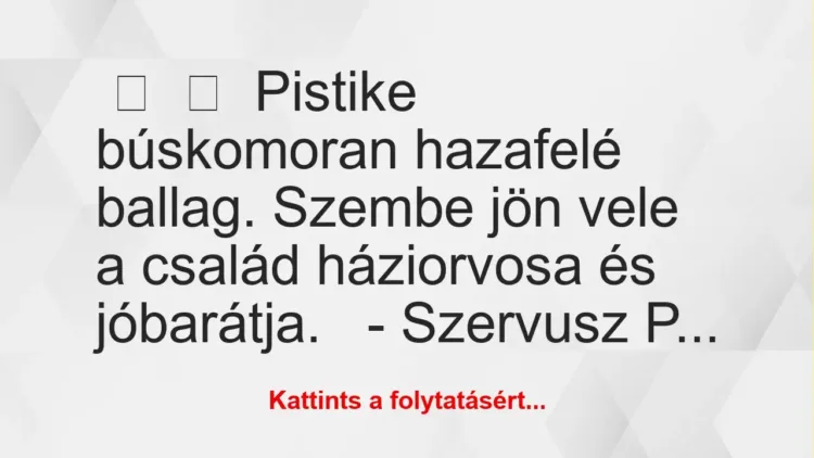 Vicc: 
	    	    Pistike búskomoran hazafelé ballag. Szembe jön vele a…