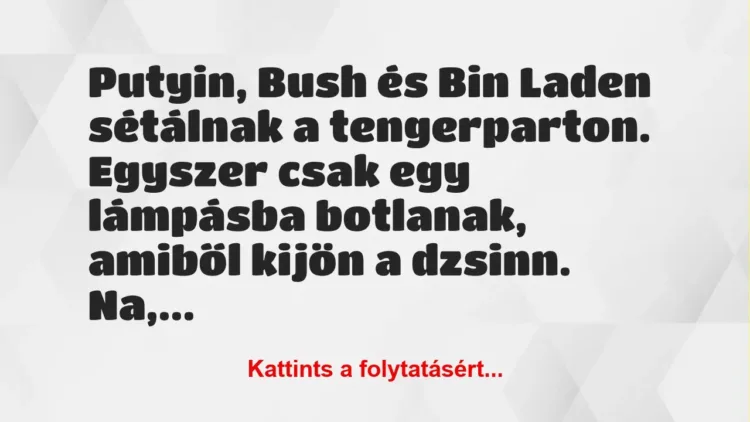 Vicc: Putyin, Bush és Bin Laden sétálnak a tengerparton. Egyszer csak egy…