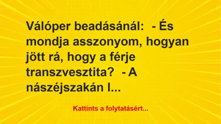 Vicc: Válóper beadásánál:

– És mondja asszonyom, hogyan jött rá, hogy a…