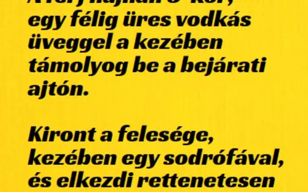 Vicc: A férj hajnali 3-kor, egy félig üres üveggel a kezében támolyog…