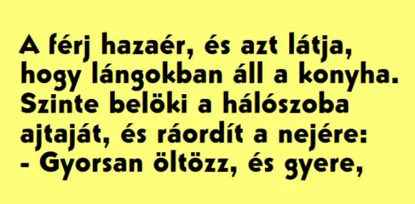 Vicc: A férj hazaér, és azt látja, hogy lángokban áll a konyha.