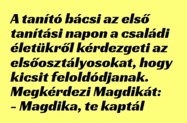 Vicc: A tanító bácsi az első tanítási napon a családi életükről…