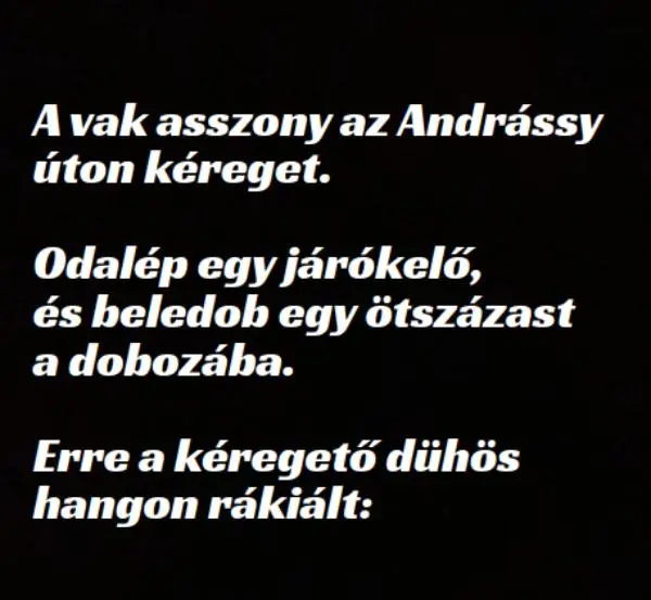 Vicc: A vak asszony az Andrássy úton kéreget. Odalép egy járókelő