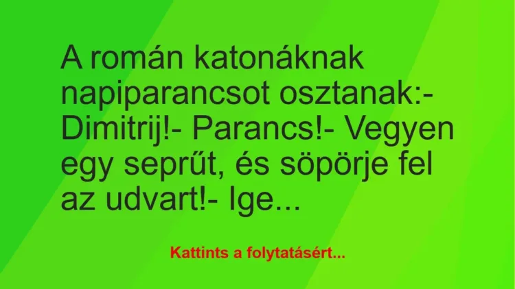 Vicc: A román katonáknak napiparancsot osztanak:

– Dimitrij!

-…