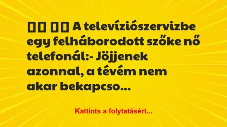 Vicc: 
		  
		  A televíziószervizbe egy felháborodott szőke nő…