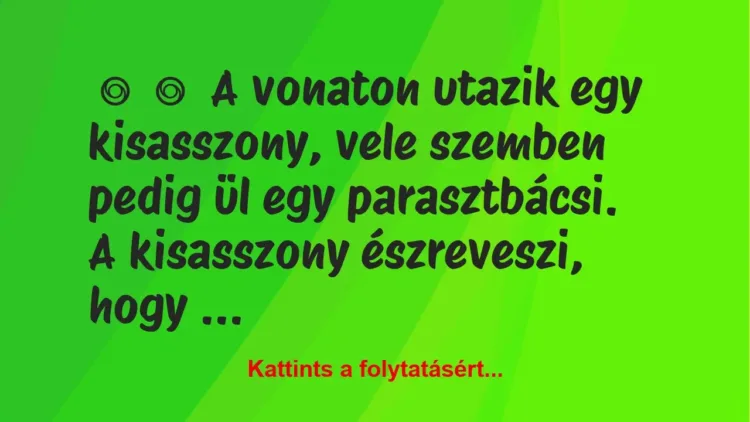 Vicc: 
	    	    A vonaton utazik egy kisasszony, vele szemben pedig ül egy …