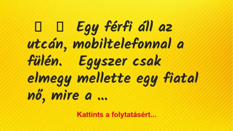 Vicc: 
	    	    Egy férfi áll az utcán, mobiltelefonnal a…