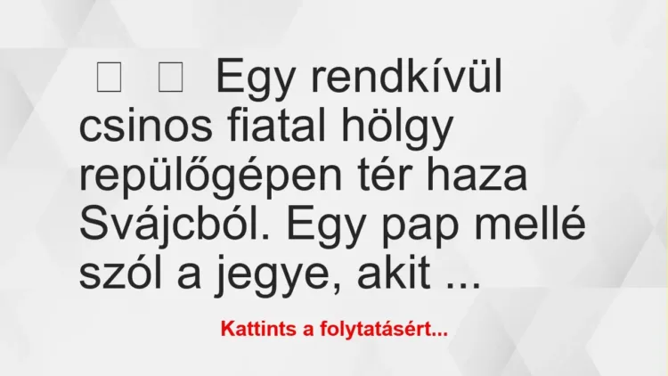 Vicc: 
	    	    Egy rendkívül csinos fiatal hölgy repülőgépen tér haza…