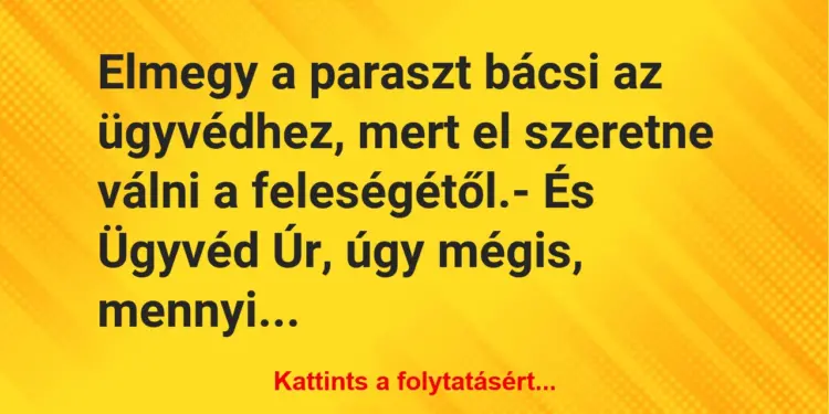 Vicc: Elmegy a paraszt bácsi az ügyvédhez, mert el szeretne válni a…