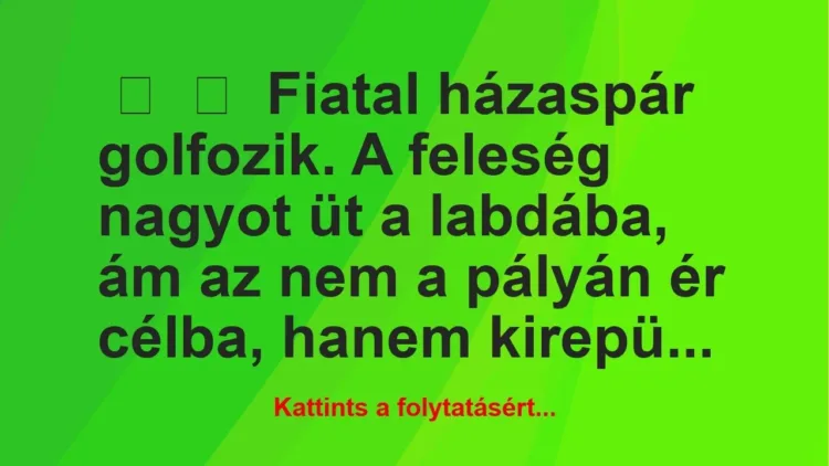 Vicc: 
	    	    Fiatal házaspár golfozik. A feleség nagyot üt a labdába, ám…