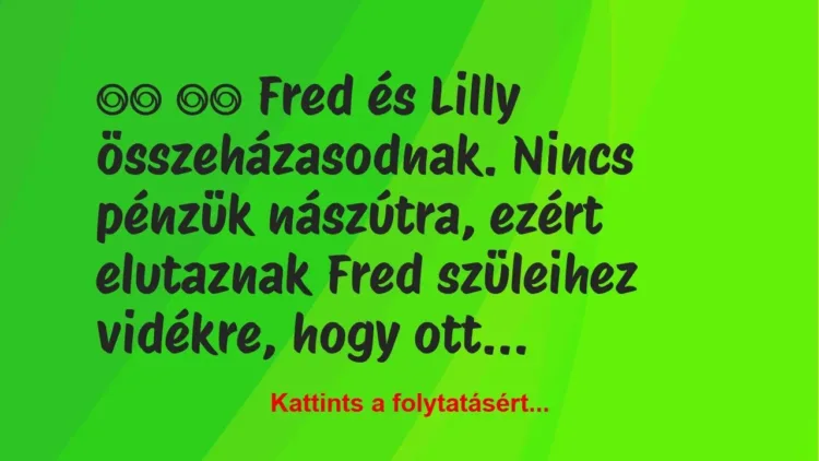 Vicc: 
		  
		  Fred és Lilly összeházasodnak. Nincs pénzük…