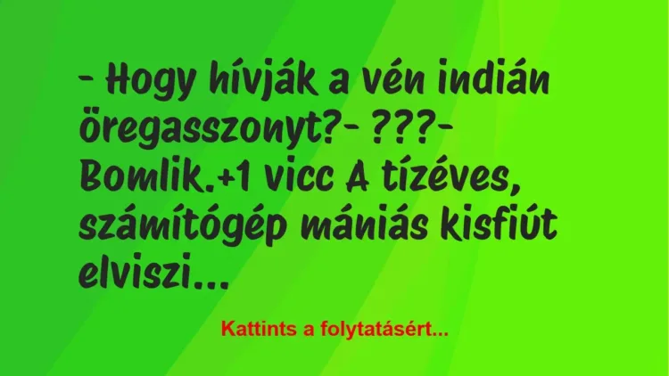 Vicc: – Hogy hívják a vén indián öregasszonyt?

– ???

– Bomlik.